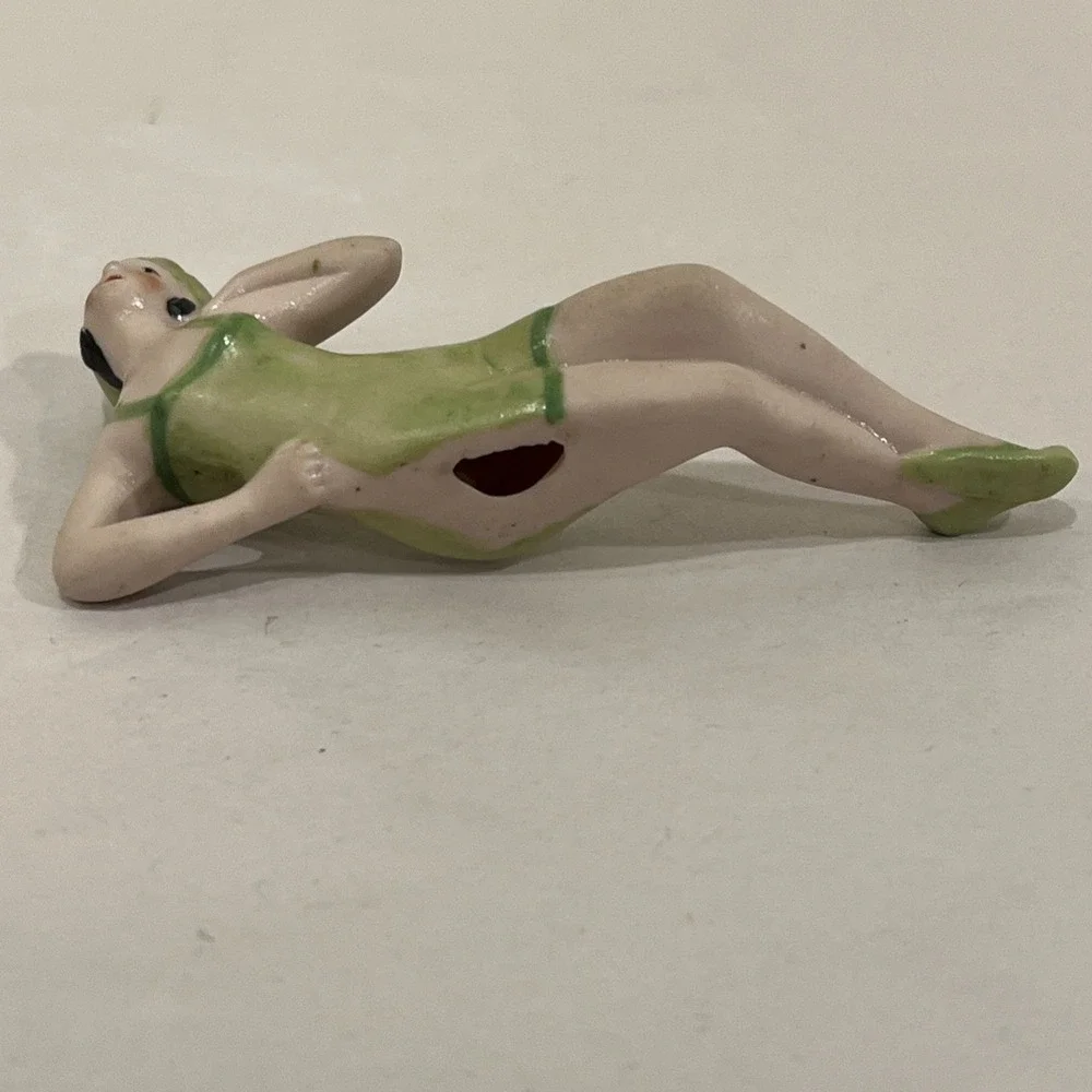 Antique German Art Deco Bisque Bathing Beauty Green Suit Cap Laying Germany 5684